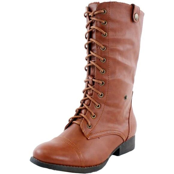 Women's Ankle Lace Up Combat Boots Bootie Two Way Fold Down Low Heels Cognac 6.5 - Picture 3 of 9